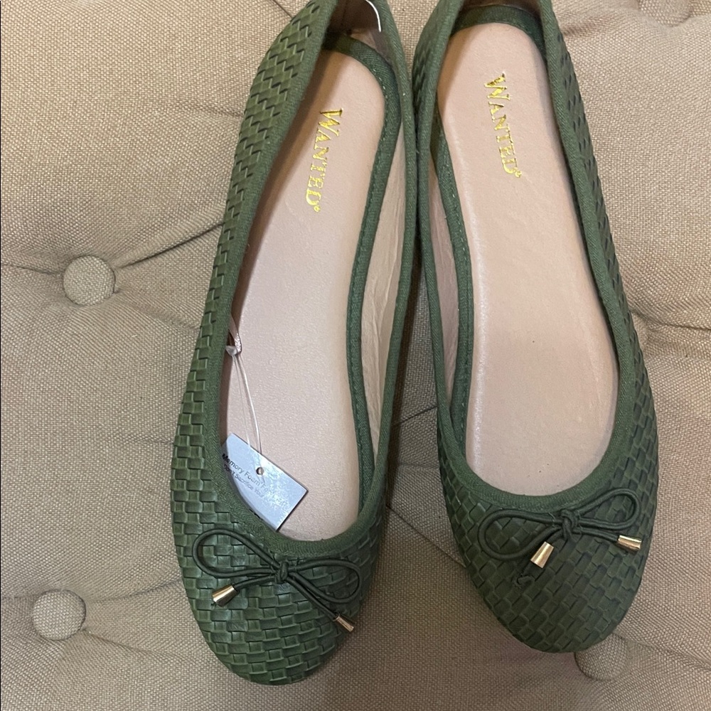 WANTED Olive Green Woven Ballet Flats with Bow and Gold Accents